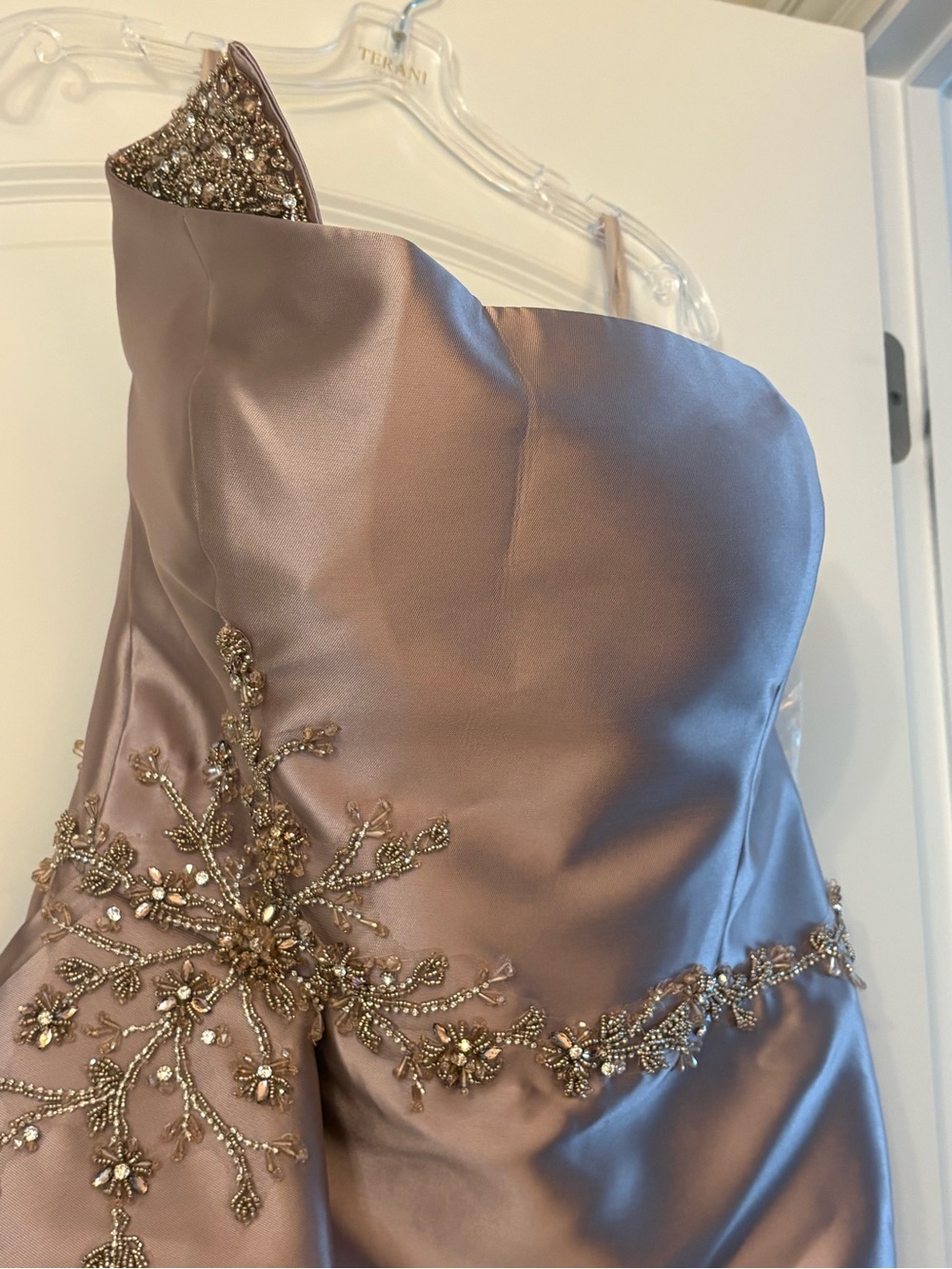 Terani Couture Champagne Satin Mermaid Gown with Draped Capelet Detail - Picture 7 of 9
